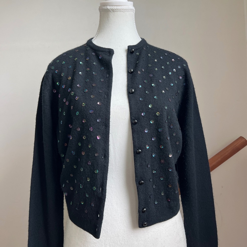 Vintage Sequin Cardigan Small Black Wool Handmade Cropped Knit Sweater 50s 60s